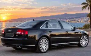 Audi A8 W12 black luxury sedan rear three-quarter view by the waterfront at sunset