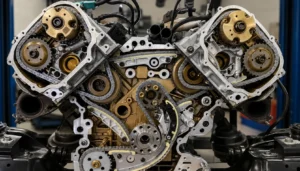 Clean Audi V6 engine timing chain system showing chains, sprockets, gears, guides and internal engine components.