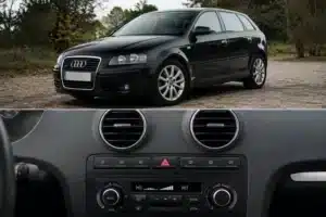 Audi A3 8P noire stationnée à l’extérieur, vue avant trois-quarts avec calandre Audi et jantes alliage