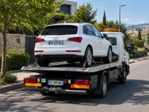 Audi Q5 grise chargée sur une dépanneuse pour un problème mécanique et dépannage automobile