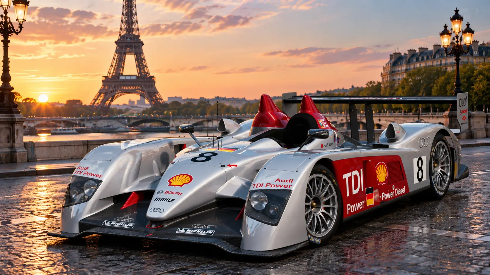 Audi R10 TDI à Paris devant la tour Eiffel