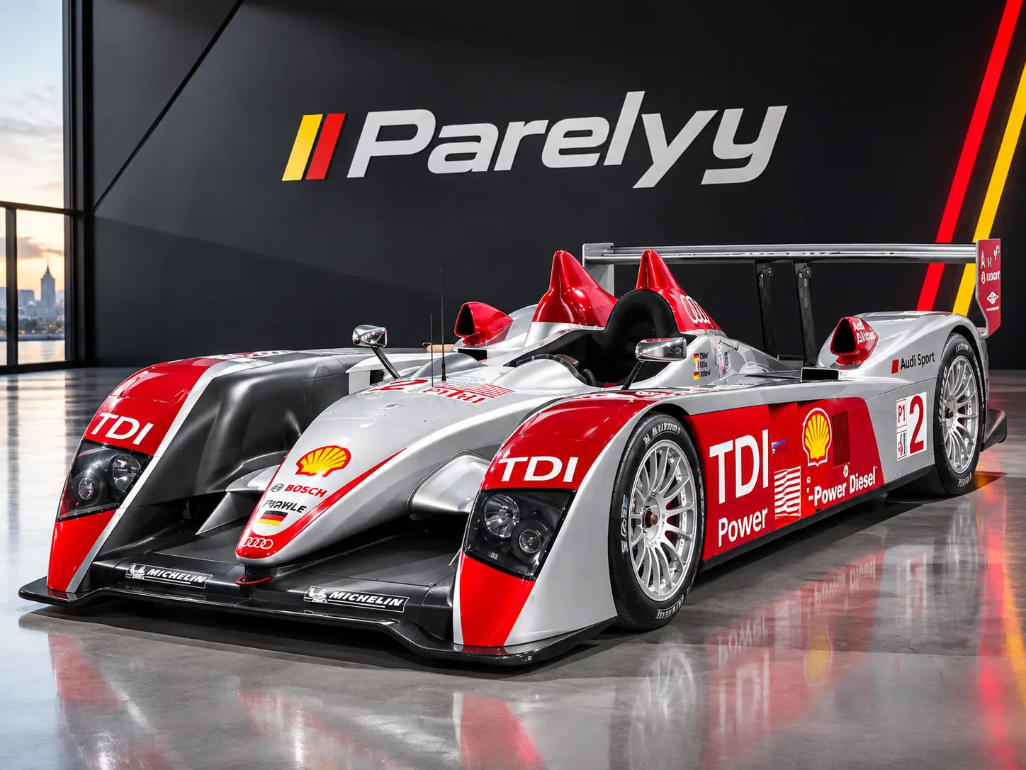 Audi R10 TDI de course dans un showroom Parelyy