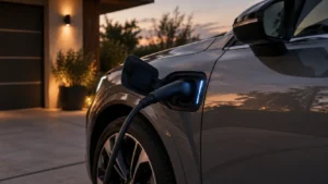 Audi SUV hybride rechargeable en charge à domicile au crépuscule
