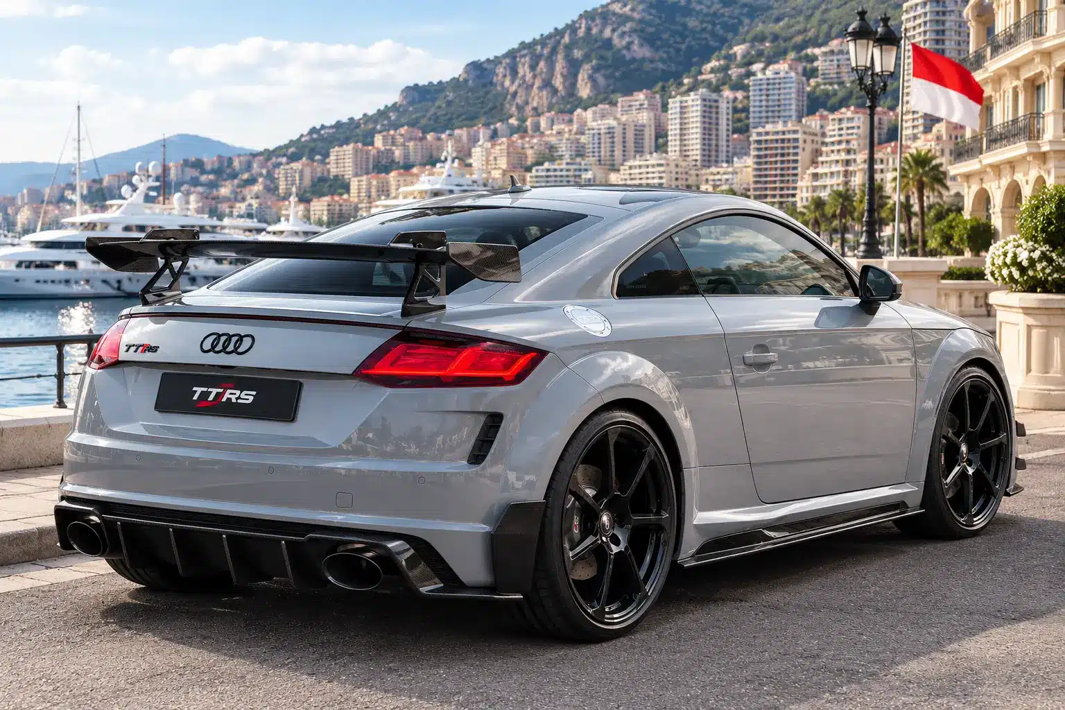 Audi TT RS gris vue arrière trois-quarts à Monaco