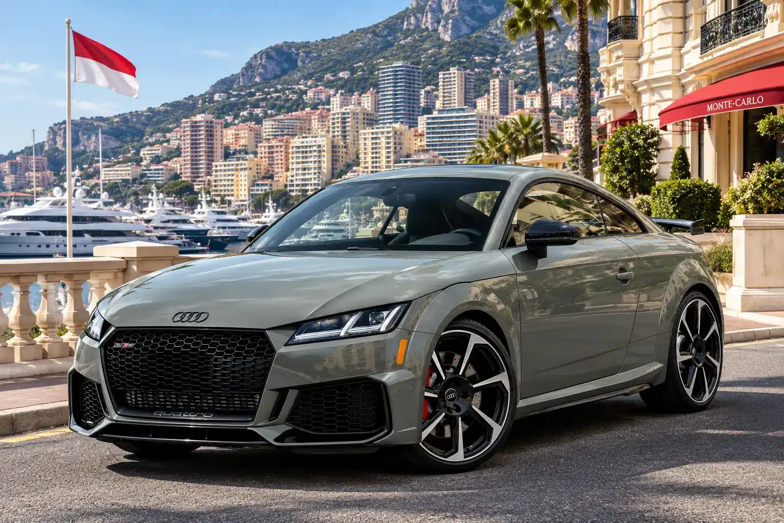 Audi TT RS gris vue avant trois-quarts à Monaco